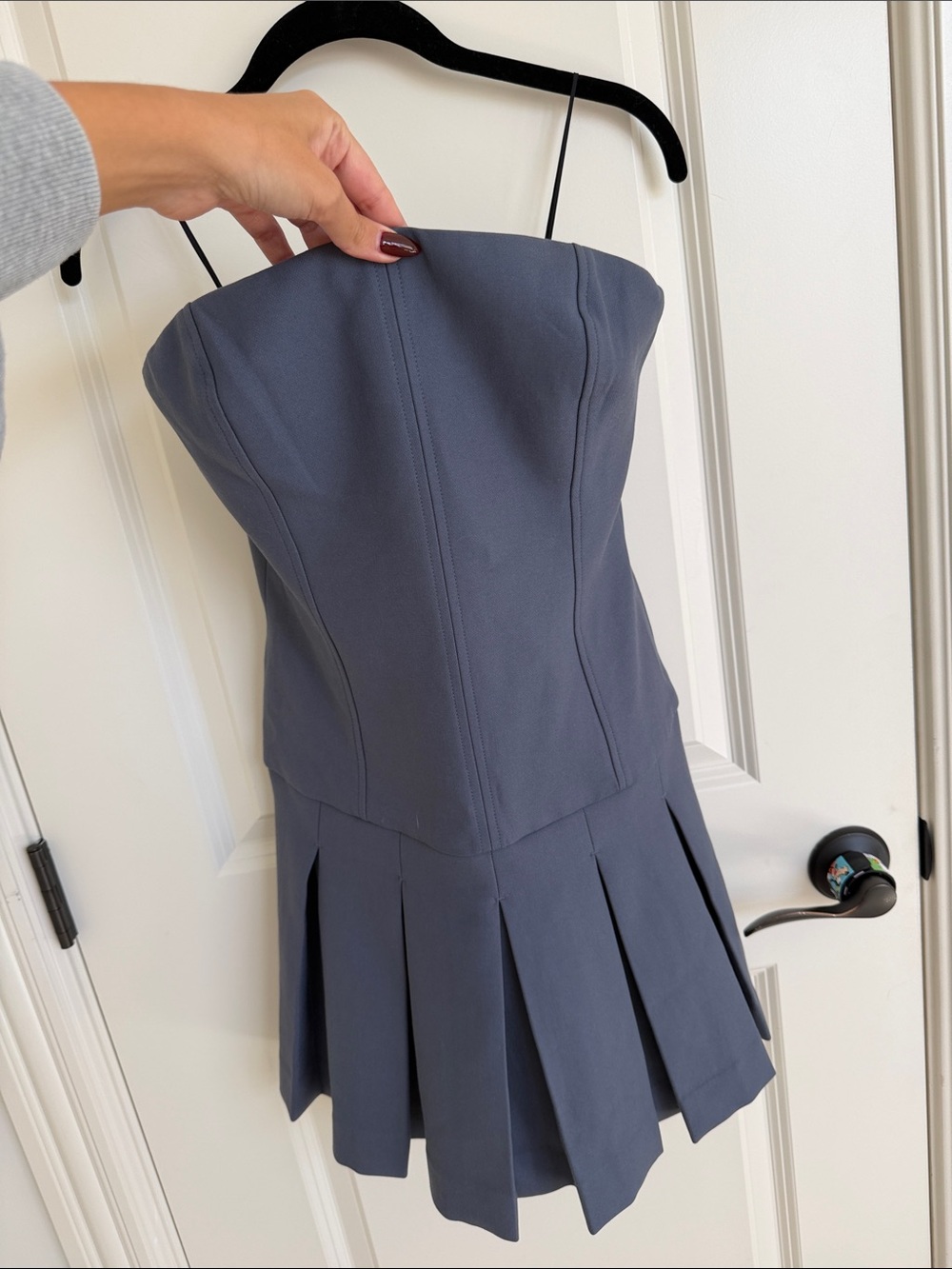 Wilfred Strapless Pleated Mini Dress in Slate from Aritzia